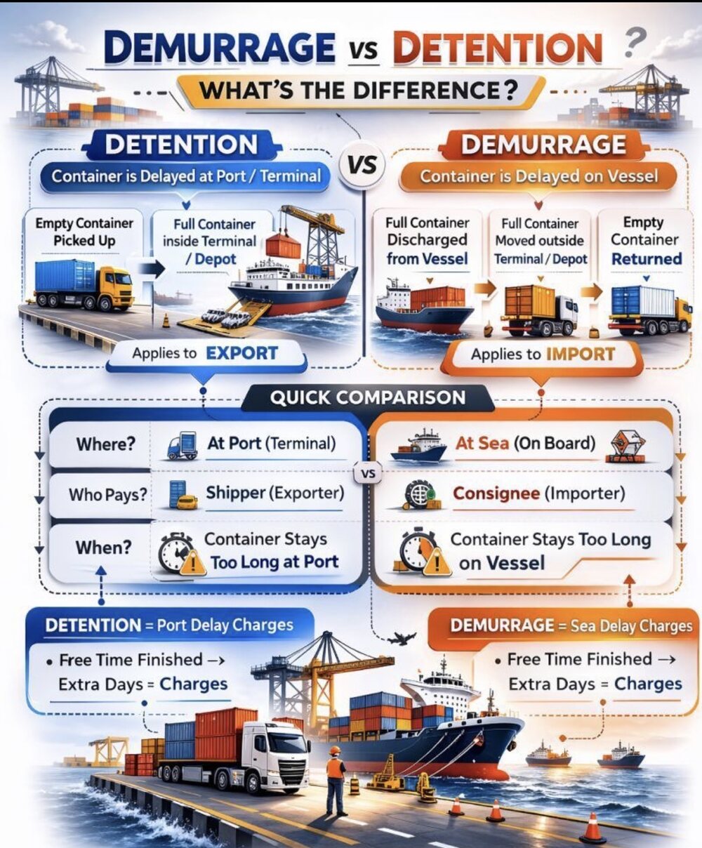 Infographic comparing demurrage and detention charges — where they happen, who pays, and when