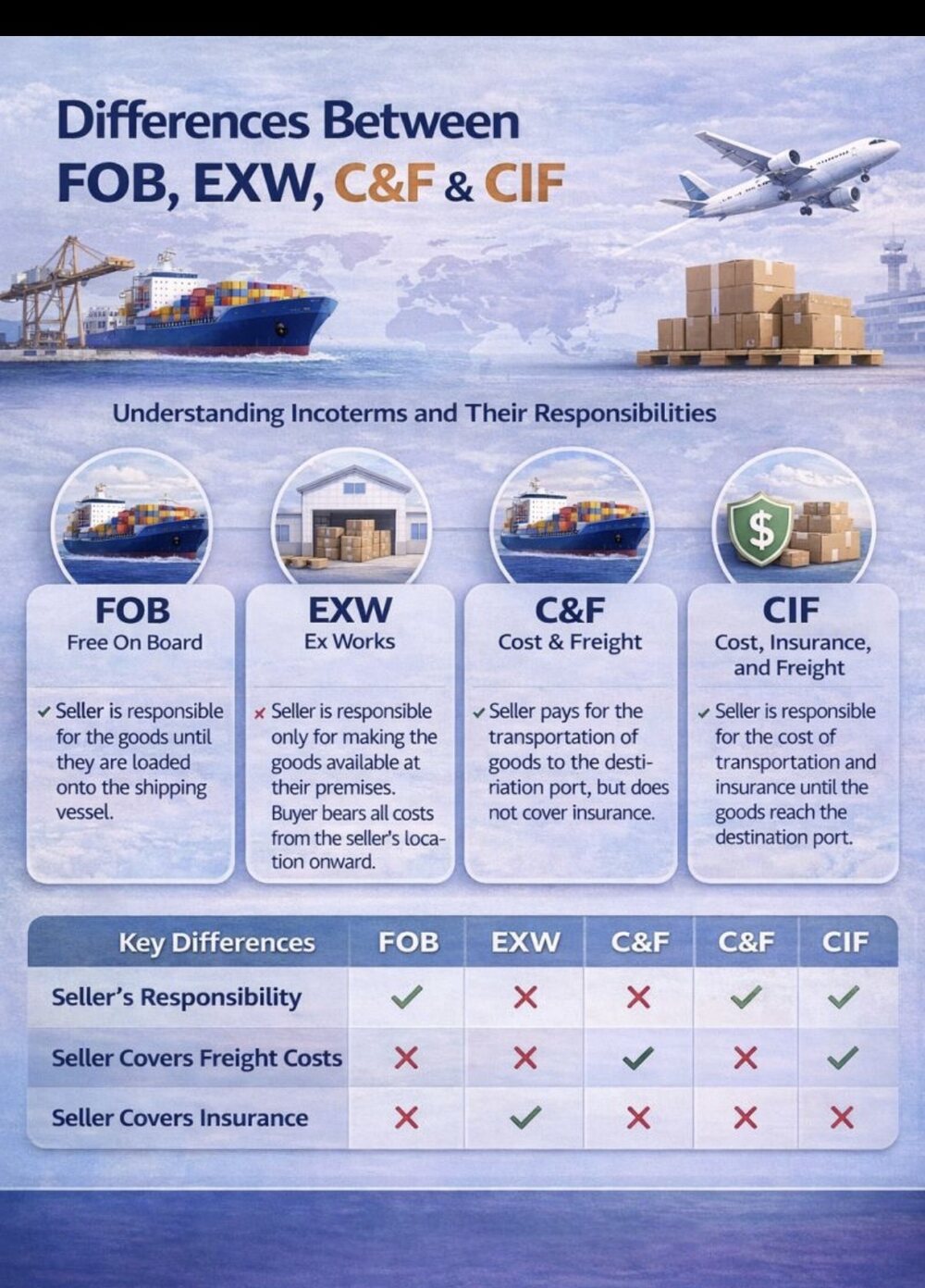 Infographic explaining the differences between FOB, EXW, C&F and CIF Incoterms and seller responsibilities